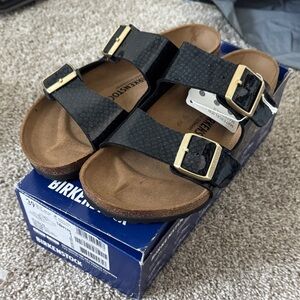 Birkenstock Arizona Sandals shoes magic snake shiny black Gold Accents 39
